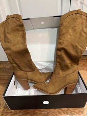 Nine West Cognac Suede Knee-High Heeled Boots